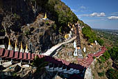 Inle Lake Myanmar. Pindaya, the famous Shwe Oo Min pagoda. A series of covered stairways climb the ridge to the cave entrance. 